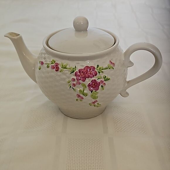 Vintage A Teleflora Gift 1985 Flower Teapot Basketweave Texture Pink/ White - Picture 3 of 16